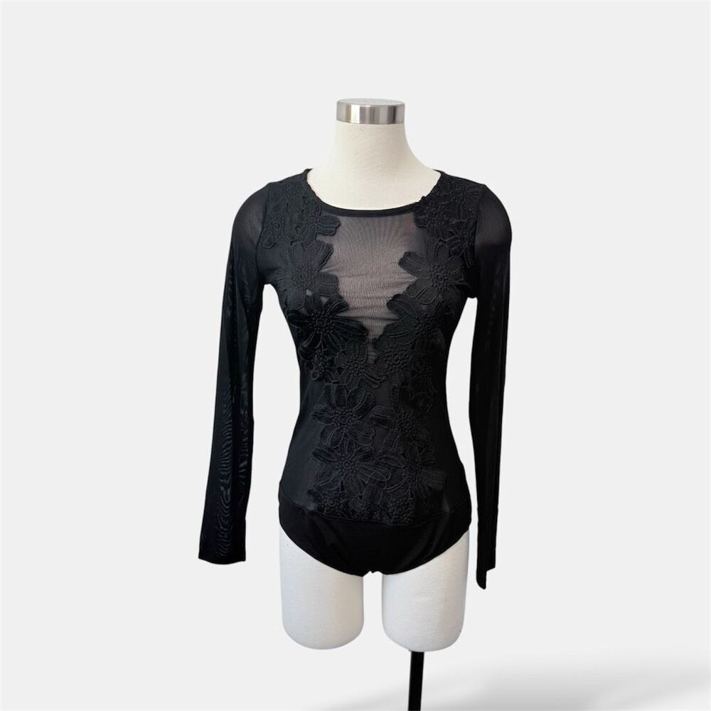 Haute Monde Black Bustier Lace Mesh Embroidered Cutout Floral Bodysuit XL